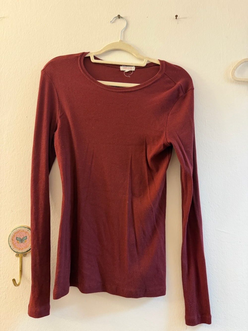 Goldie Ribbed Long Sleeve Crewneck Top - Wine